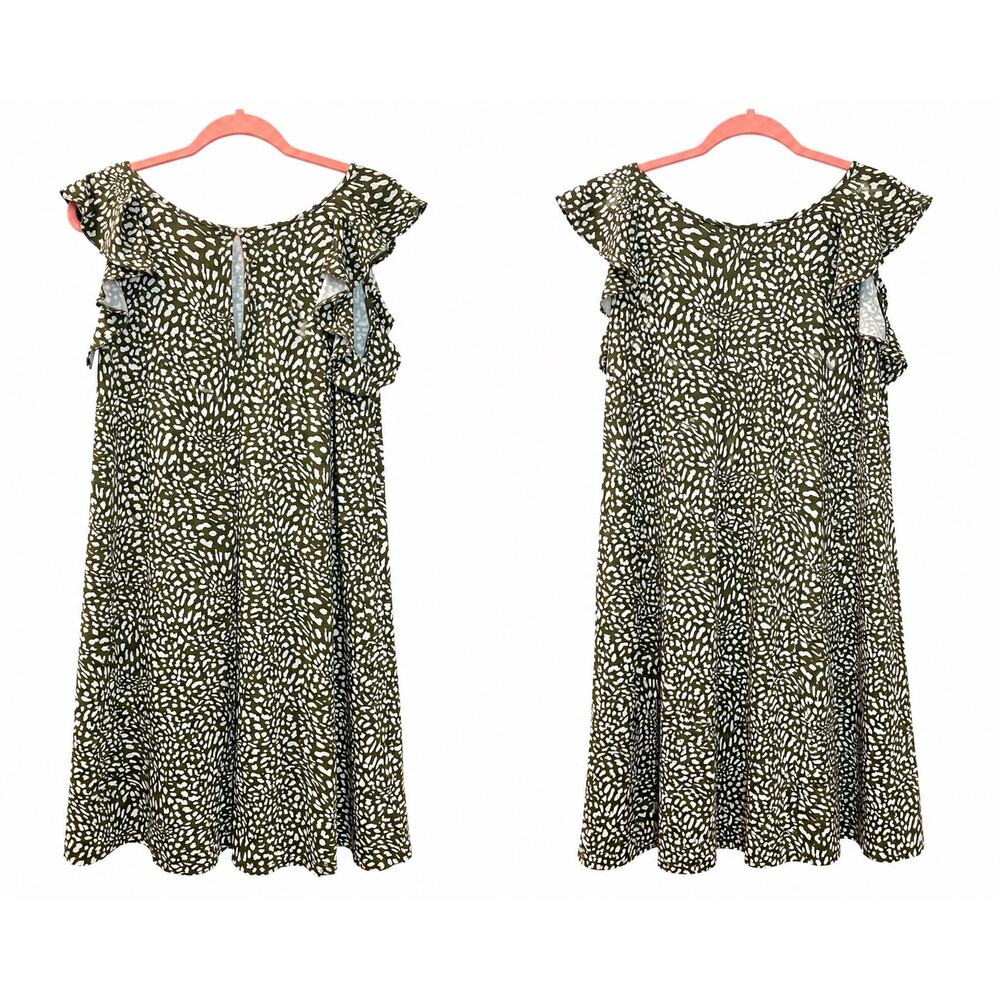 LOFT Green White Animal Print Flutter Sleeve Swing Dress Large